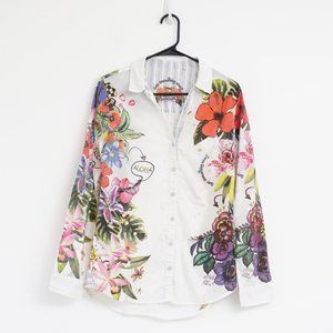 Desigual Maria Jose Print White Button Down Top Art to Wear L